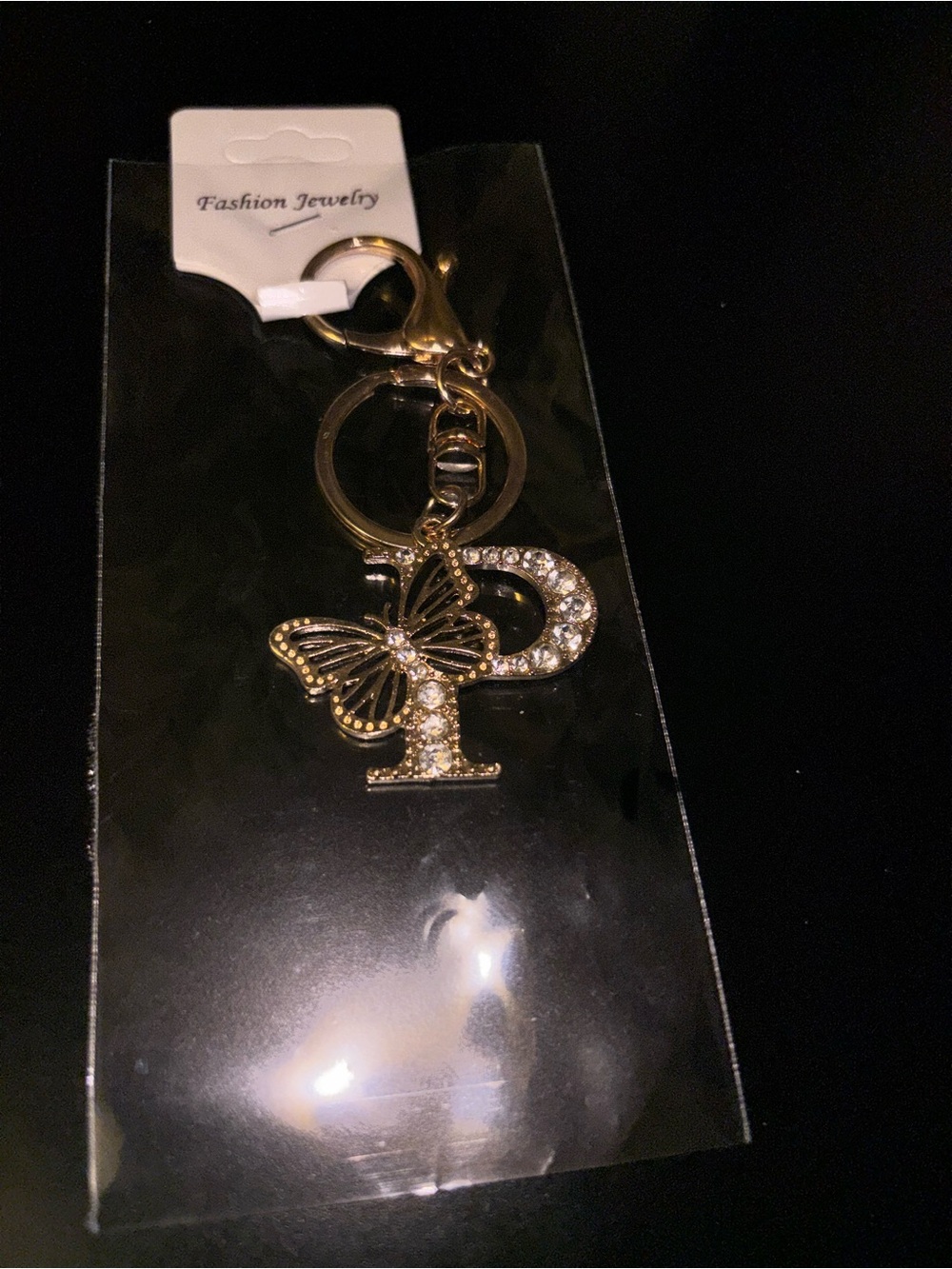 Rhinestone Butterfly 'P' Gold Keychain - Picture 2 of 2